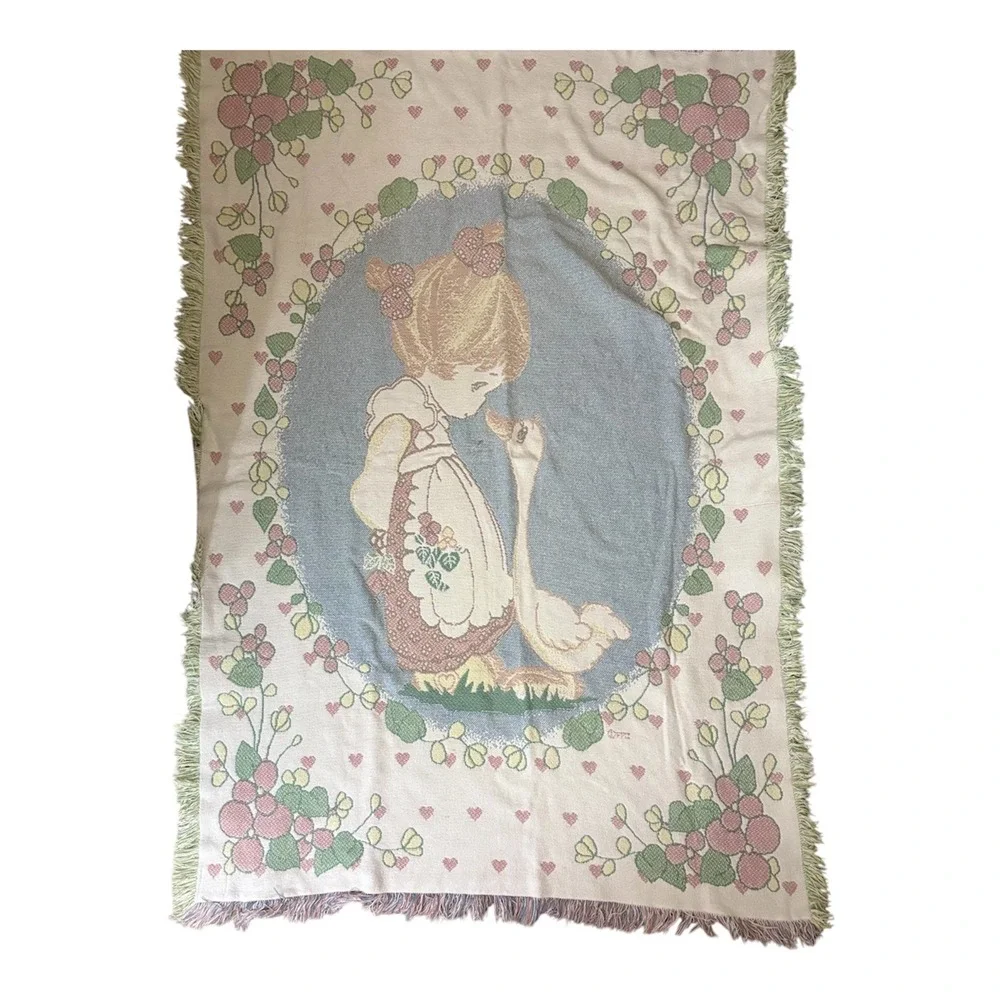 Vintage Goose Girl Woven Tapestry‎ Throw Blanket Cottagecore Storybook  65x48